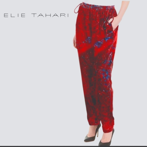 ELIE Tahari Zuma red black floral velvet pull on pants...